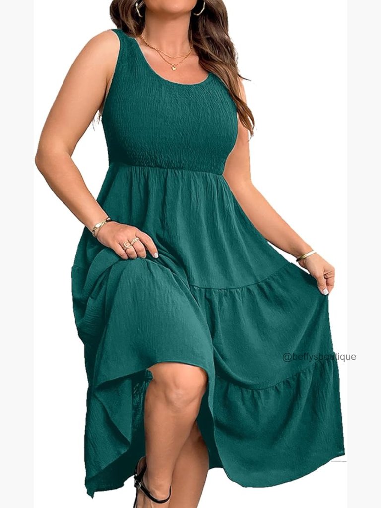 Plus Size Sleeveless Smocked Tank Dress Flowy Tiered Midi Sundress